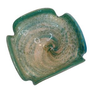 Vintage Murano Gold Flecks Aqua Green Ribbon Swirl Italian Glass 5" Diamond Bowl